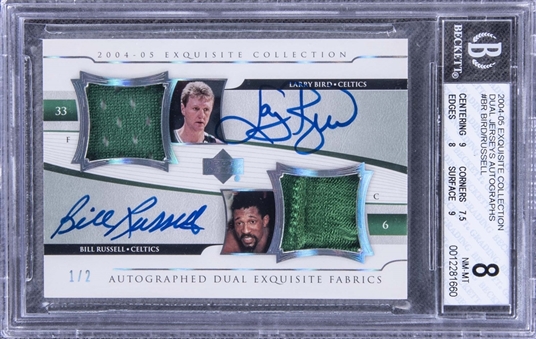 2004-05 UD "Exquisite Collection" Dual Jerseys Autographs #BR Larry Bird/Bill Russell Signed Game Used Patch Card (#1/2) – BGS NM-MT 8/BGS 10